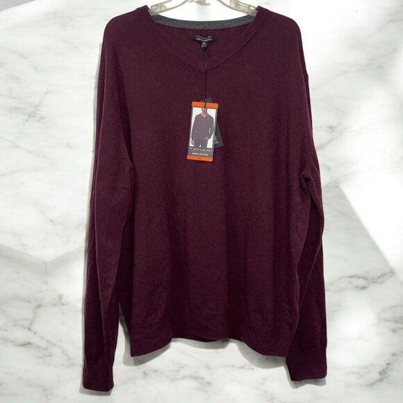 Tahari Cashmere Knit V-Neck Sweater Mens XXL Burgundy Red Soft Cozy Preppy - Picture 1 of 7